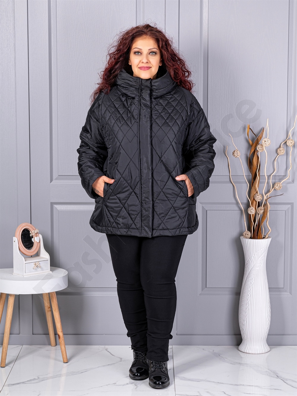 Plus size καπιτονέ μπουφάν με κουκούλα-63277