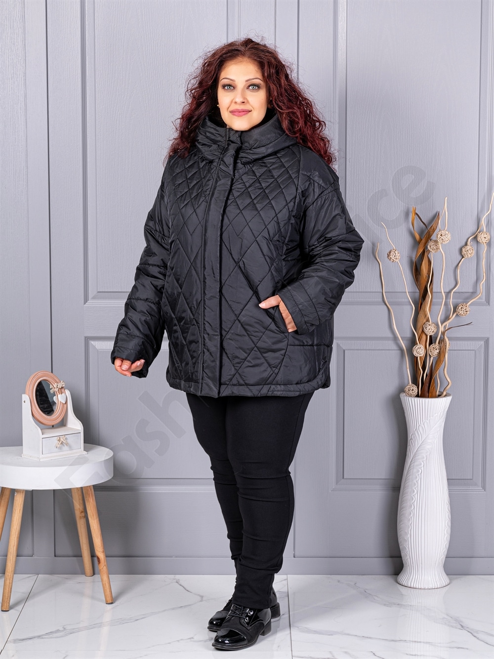 Plus size καπιτονέ μπουφάν με κουκούλα-63277