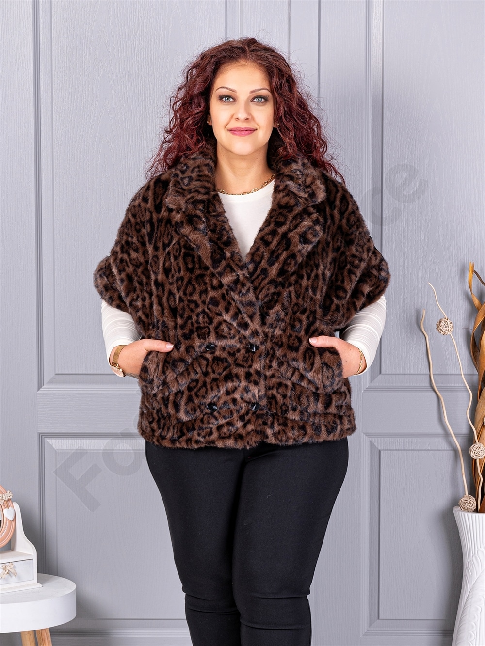 Plus size γούνινο γιλέκο με λεοπάρ μοτίβο-κωδ LT33