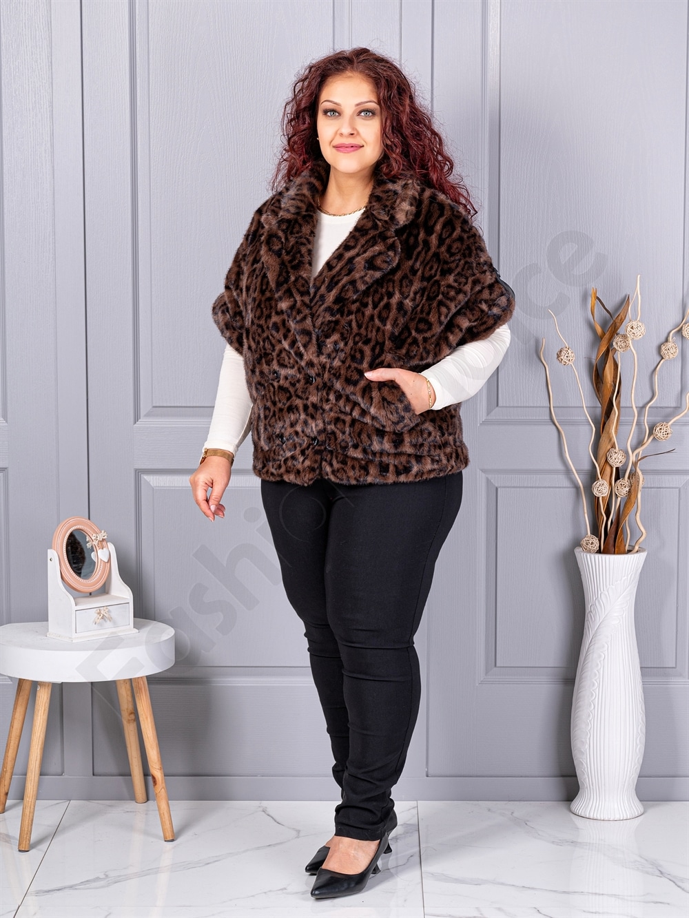 Plus size γούνινο γιλέκο με λεοπάρ μοτίβο-κωδ LT33