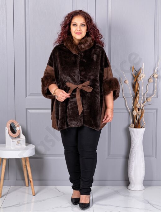 Plus size κάπα από γούνα και σουέτ-καφέ-κωδ JJ90-2