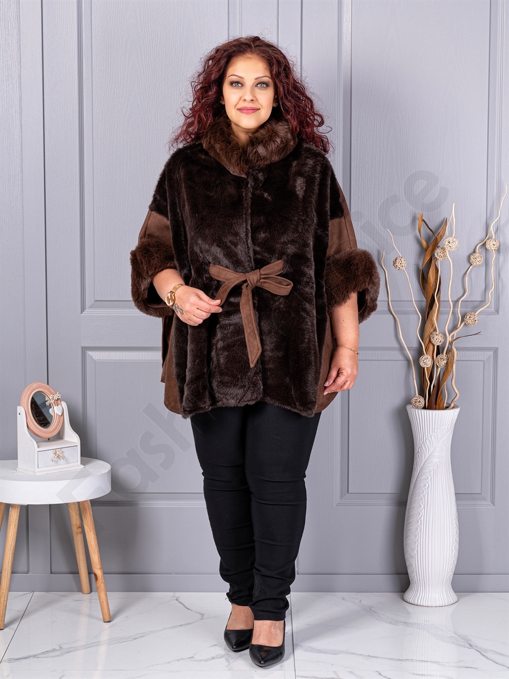 Plus size κάπα από γούνα και σουέτ-καφέ-κωδ JJ90-2