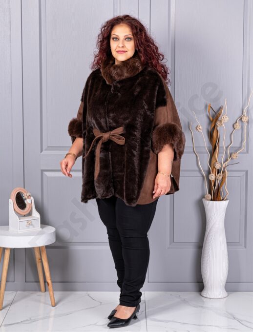 Plus size κάπα από γούνα και σουέτ-καφέ-κωδ JJ90-2