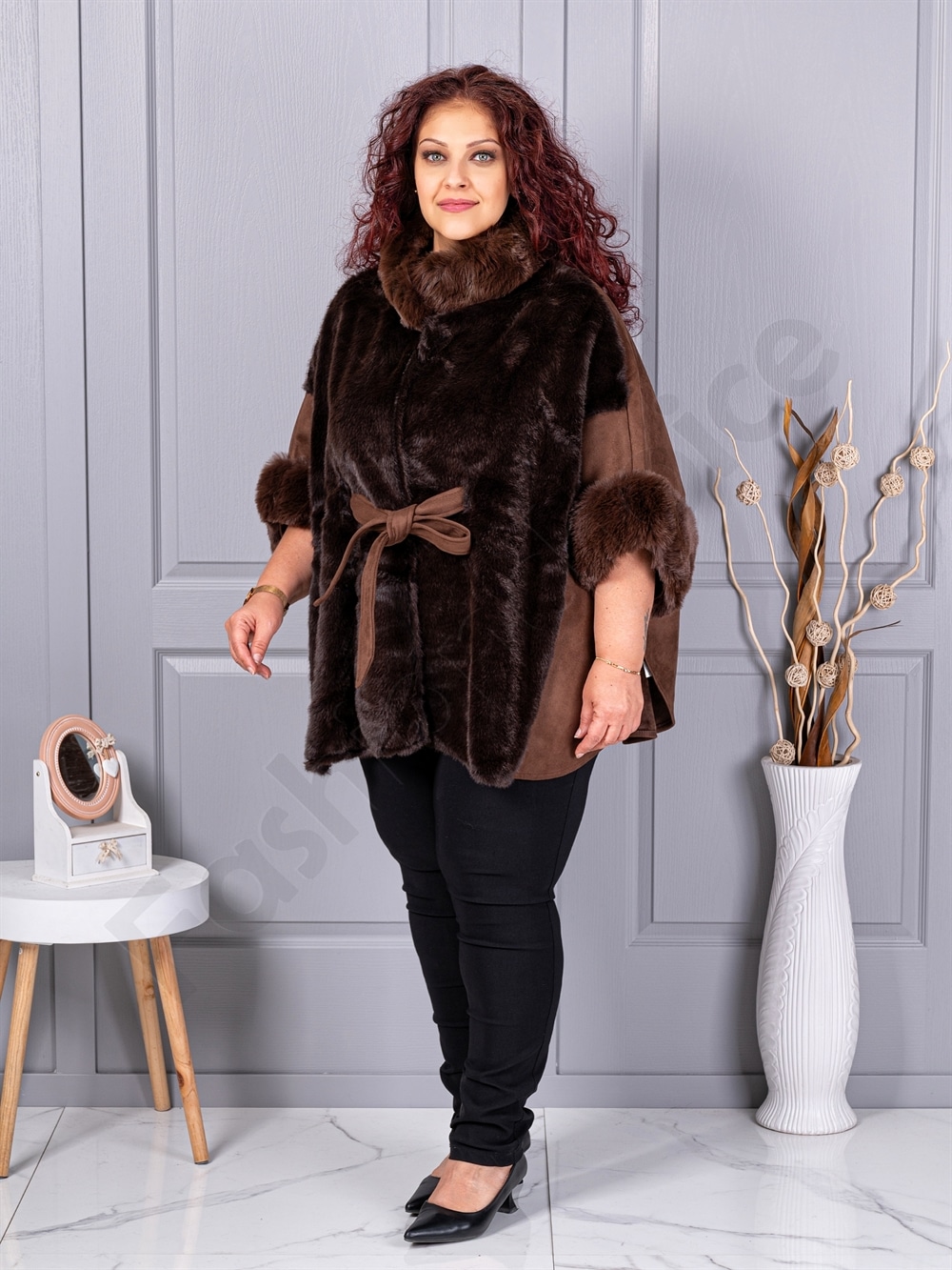 Plus size κάπα από γούνα και σουέτ-καφέ-κωδ JJ90-2