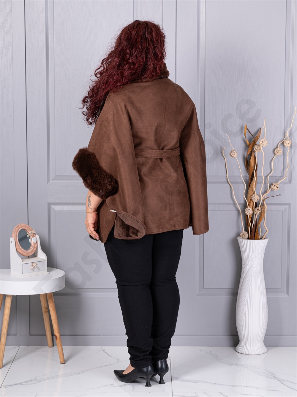 Plus size κάπα από γούνα και σουέτ-καφέ-κωδ JJ90-2