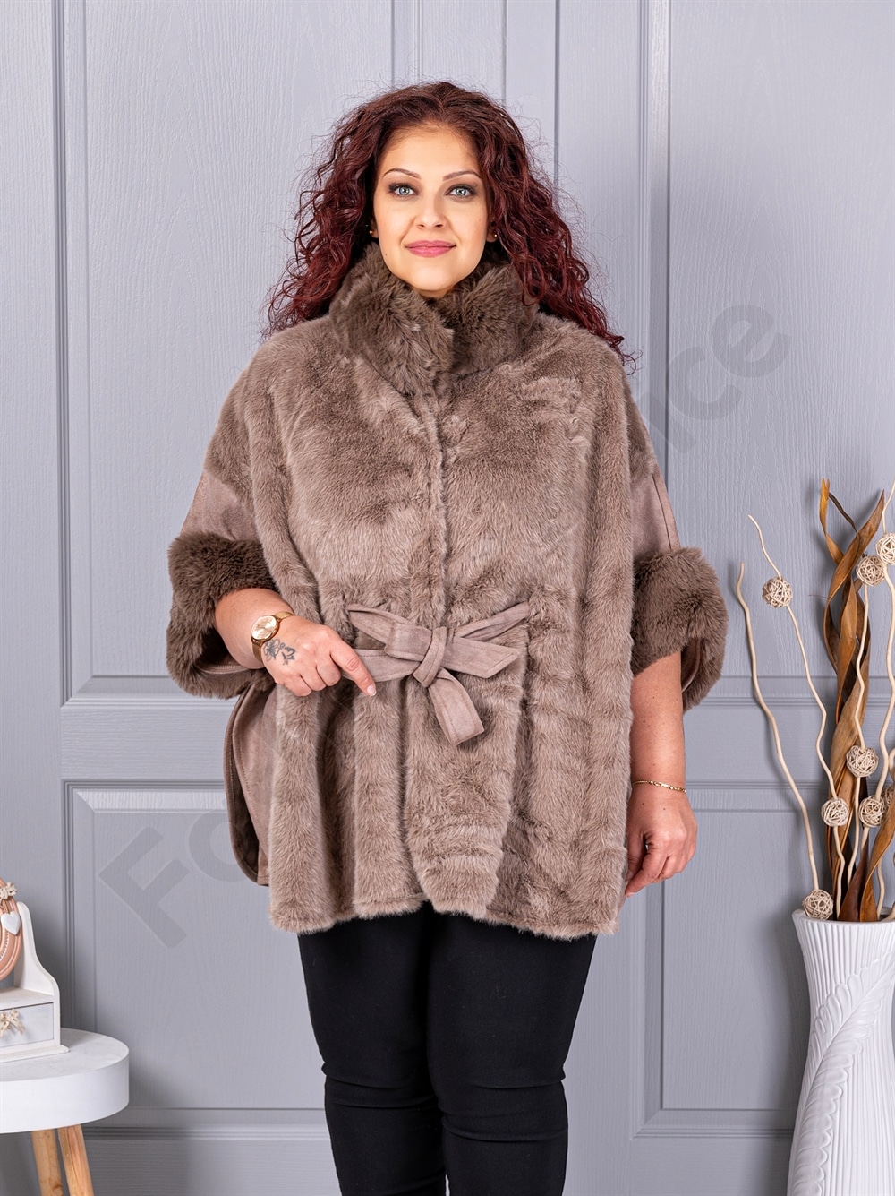 Plus size κάπα από γούνα και σουέτ-μόκα-κωδ JJ90-1