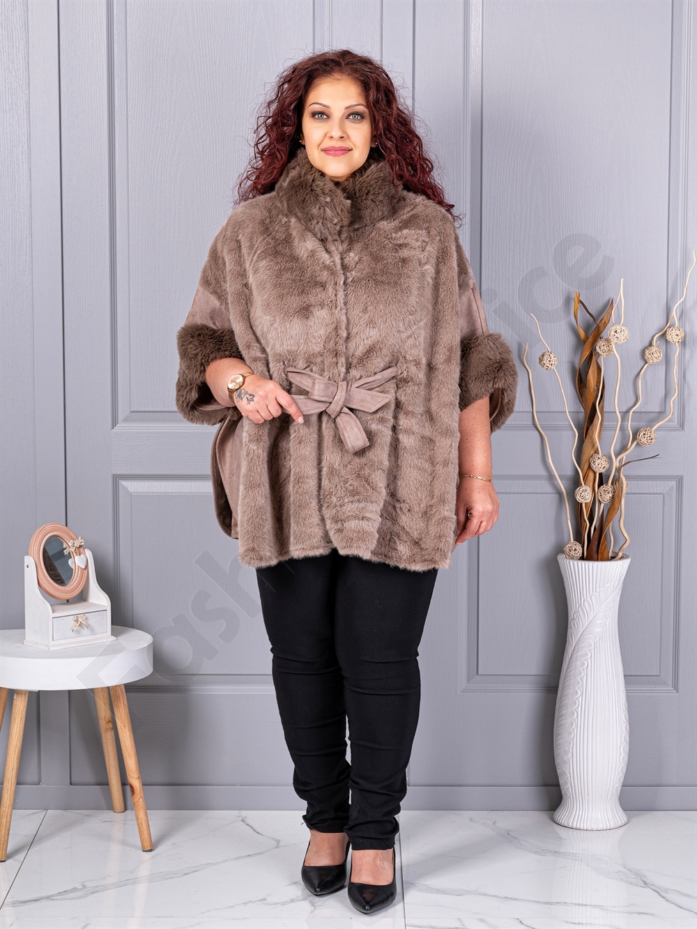 Plus size κάπα από γούνα και σουέτ-μόκα-κωδ JJ90-1