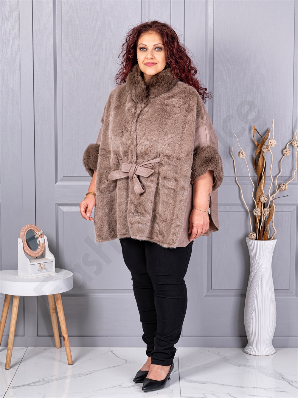 Plus size κάπα από γούνα και σουέτ-μόκα-κωδ JJ90-1