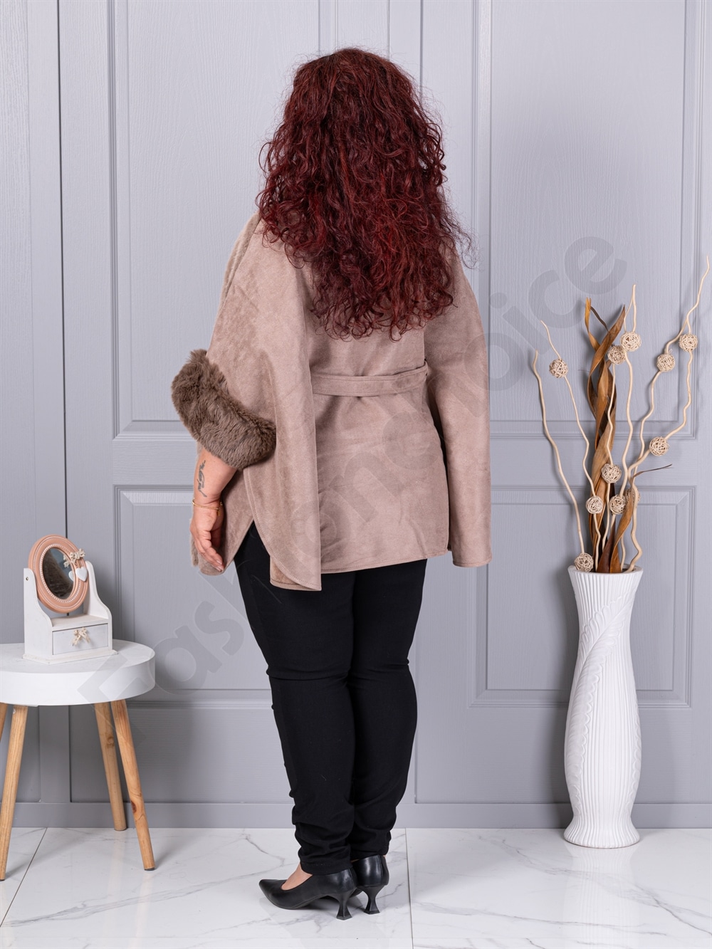 Plus size κάπα από γούνα και σουέτ-μόκα-κωδ JJ90-1