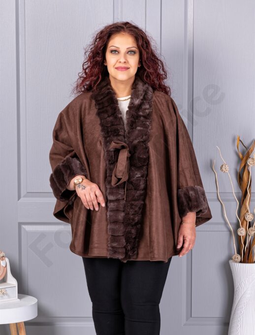 Plus size καστόρινη κάπα με γούνα-καφέ-κωδ JJ91-1
