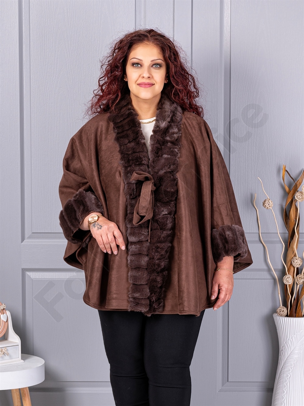 Plus size καστόρινη κάπα με γούνα-καφέ-κωδ JJ91-1