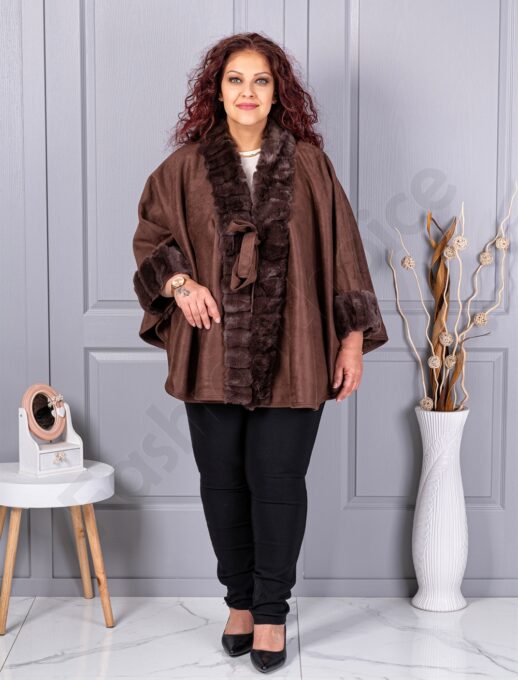 Plus size καστόρινη κάπα με γούνα-καφέ-κωδ JJ91-1