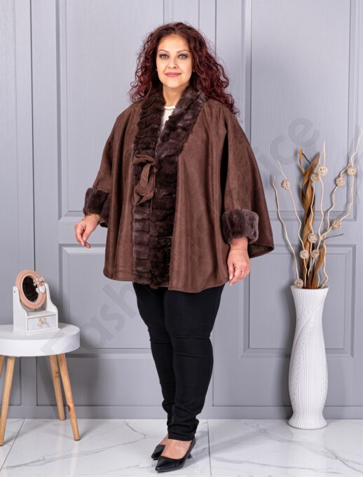 Plus size καστόρινη κάπα με γούνα-καφέ-κωδ JJ91-1