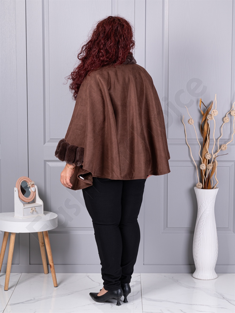 Plus size καστόρινη κάπα με γούνα-καφέ-κωδ JJ91-1