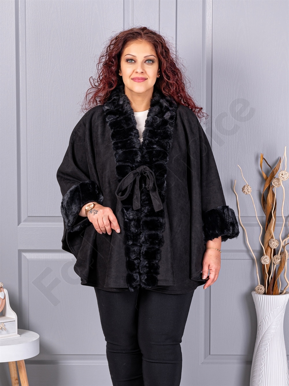 Plus size καστόρινη κάπα με γούνα-μαύρο-κωδ JJ91