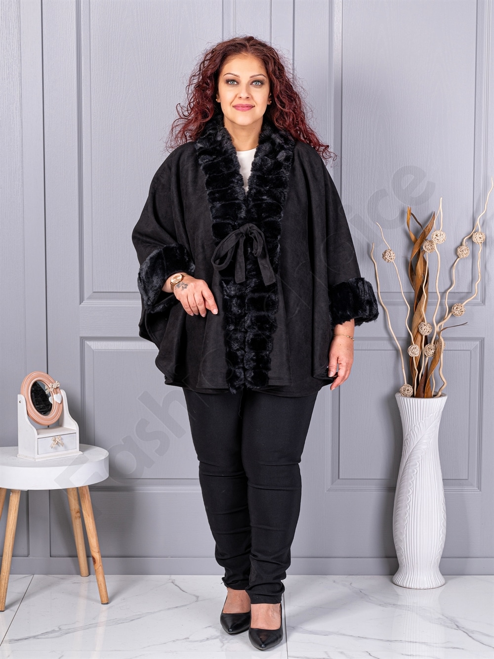 Plus size καστόρινη κάπα με γούνα-μαύρο-κωδ JJ91