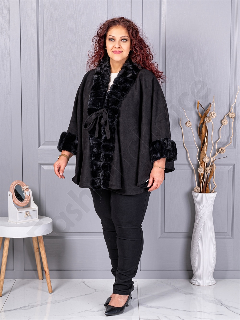 Plus size καστόρινη κάπα με γούνα-μαύρο-κωδ JJ91