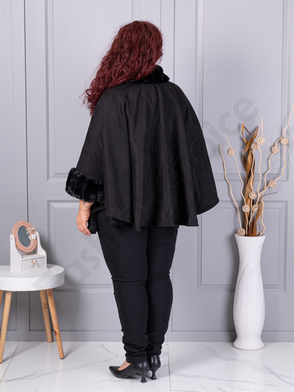 Plus size καστόρινη κάπα με γούνα-μαύρο-κωδ JJ91