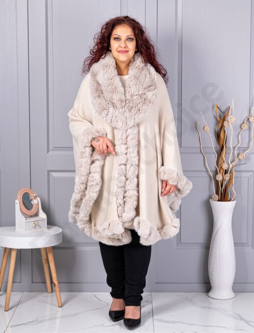 Plus size κάπα με οικολογική γούνα-εκρού-κωδ 293-4