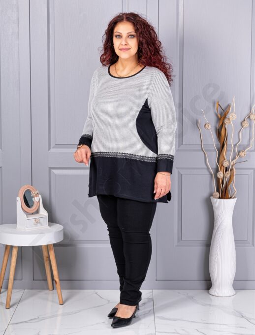 Plus size τουνίκ ανγκόρα με μοτίβο πιε-ντε-πουλ-λευκό-κωδ 23065
