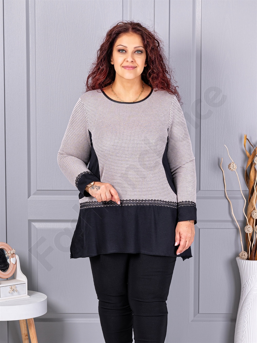 Plus size τουνίκ ανγκόρα με μοτίβο πιε-ντε-πουλ-μόκα-κωδ 23065-1