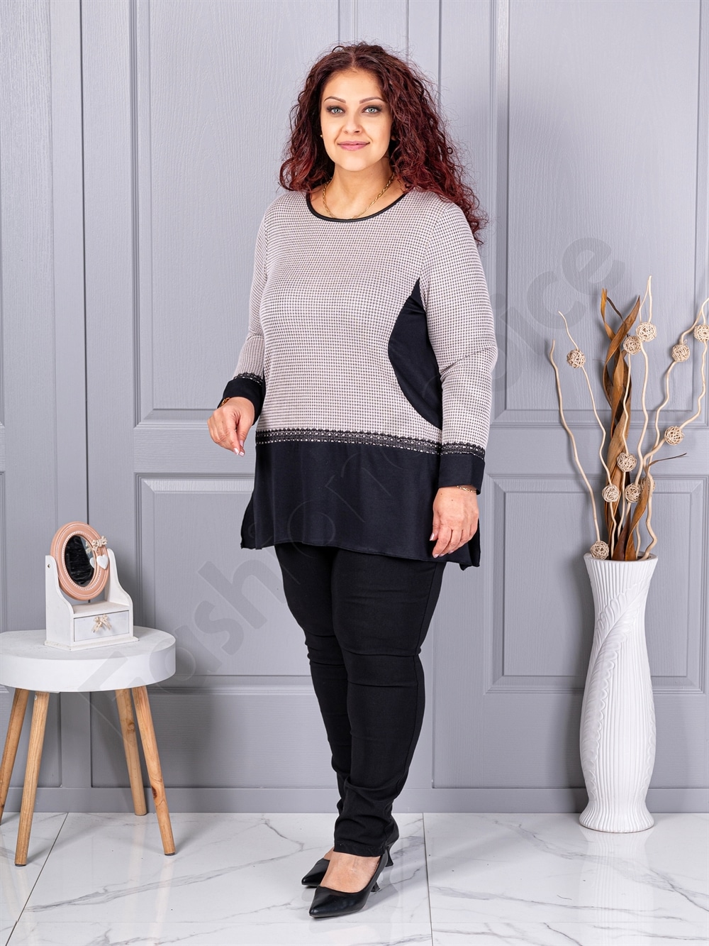 Plus size τουνίκ ανγκόρα με μοτίβο πιε-ντε-πουλ-μόκα-κωδ 23065-1