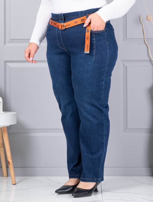 Plus size τζιν παντελόνι με ζώνη-μπλε-κωδ 6064-1