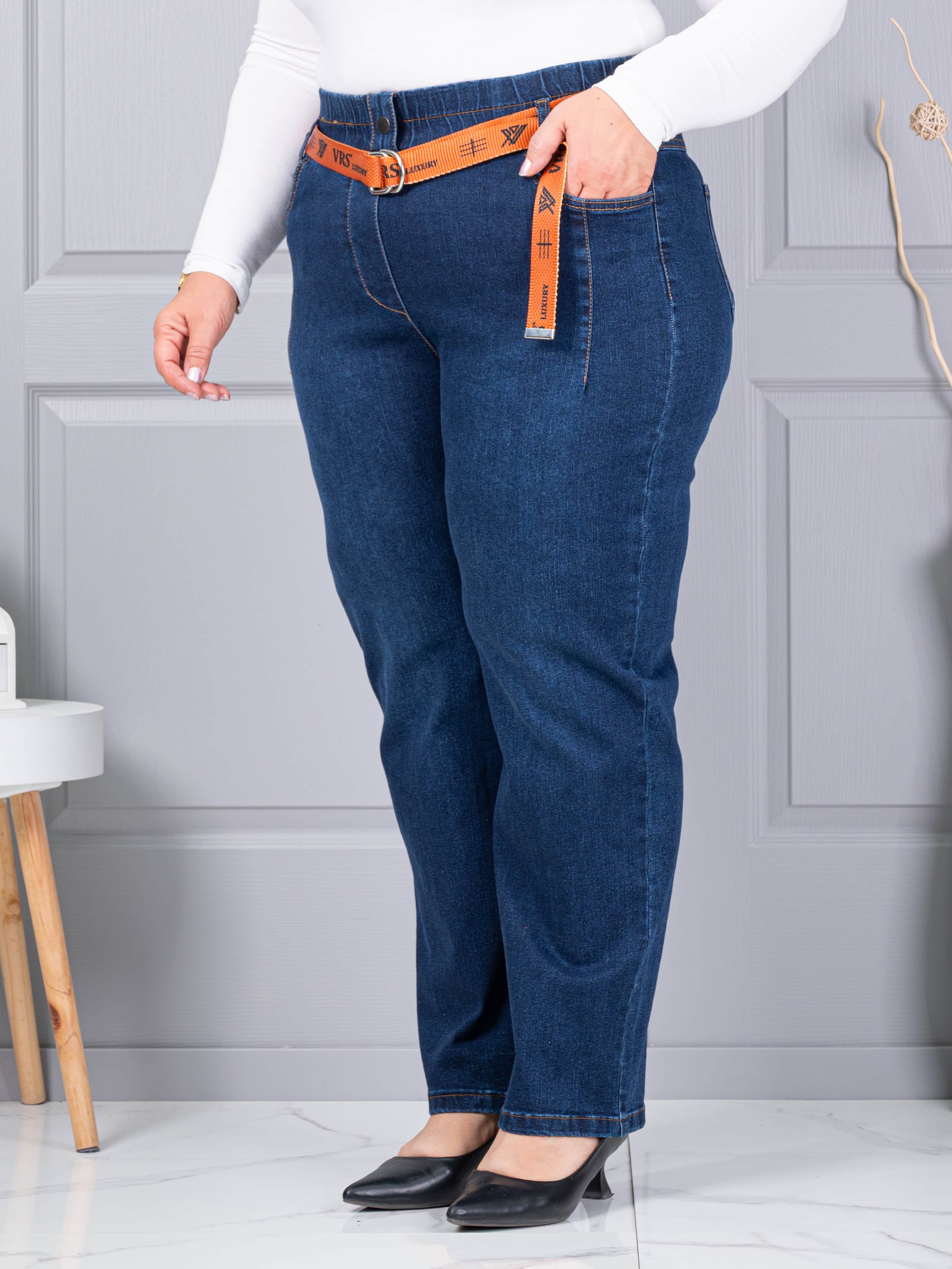 Plus size τζιν παντελόνι με ζώνη-μπλε-κωδ 6064-1