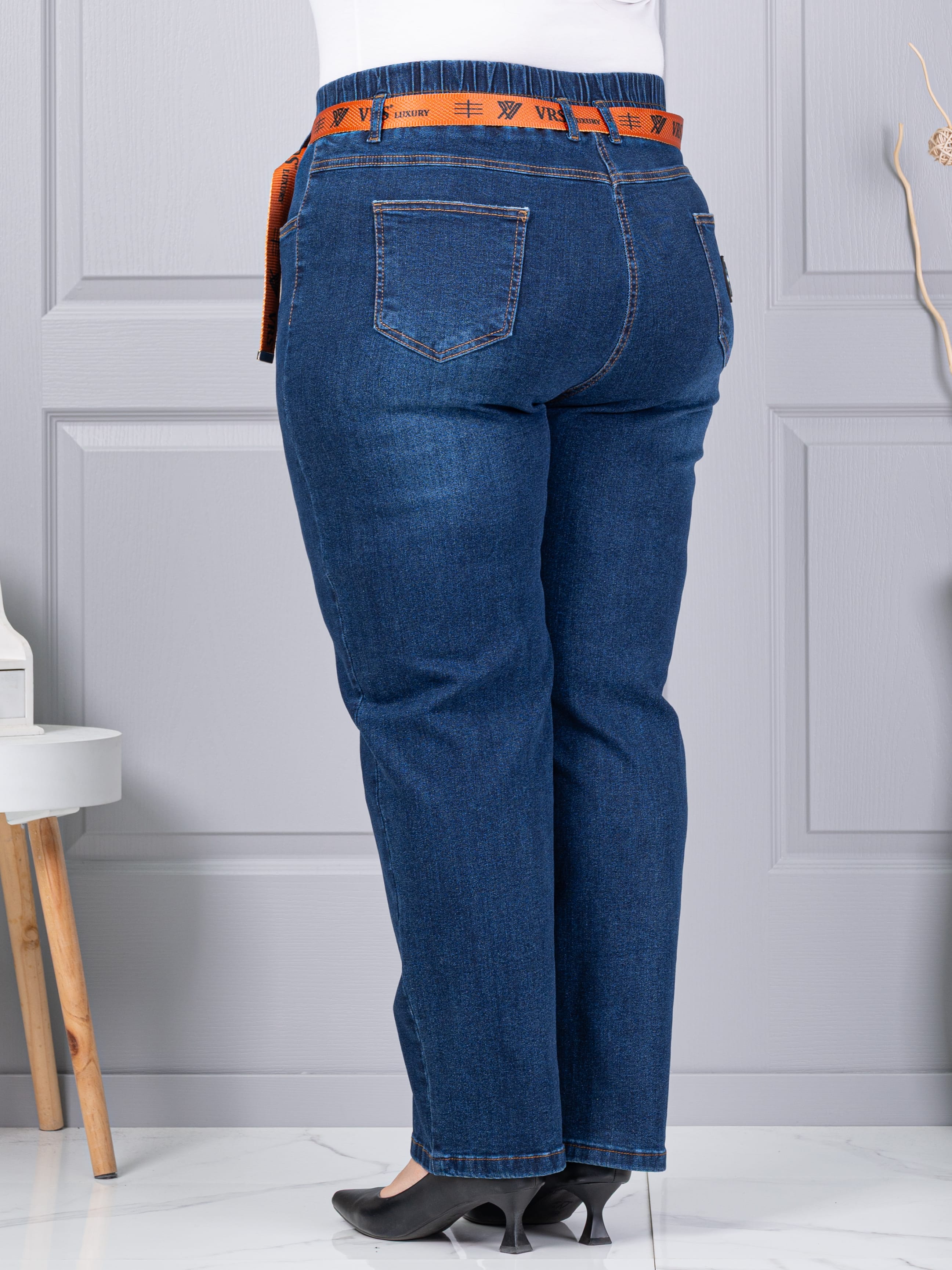 Plus size τζιν παντελόνι με ζώνη-μπλε-κωδ 6064-1