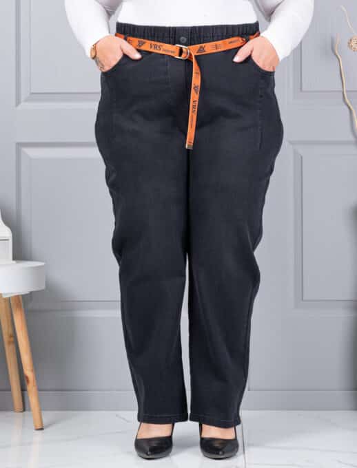 Plus size τζιν παντελόνι με ζώνη-μαύρο-κωδ 6064