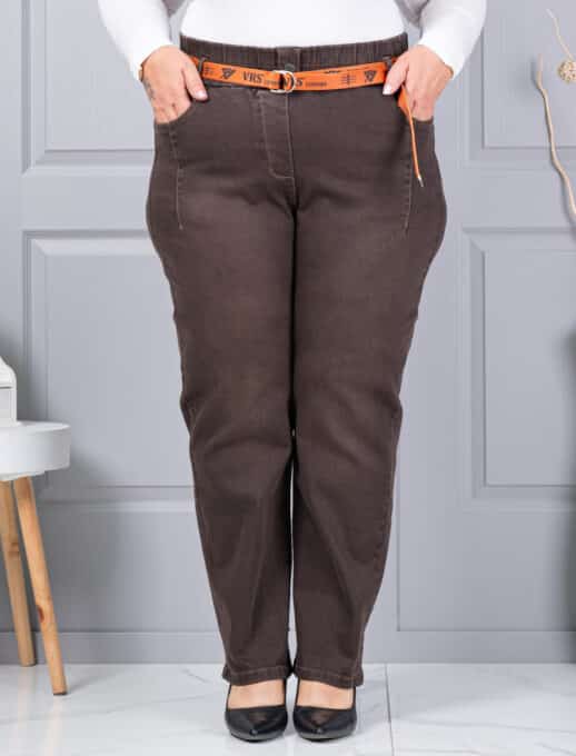 Plus size τζιν παντελόνι με ζώνη-καφέ-κωδ 6064-2