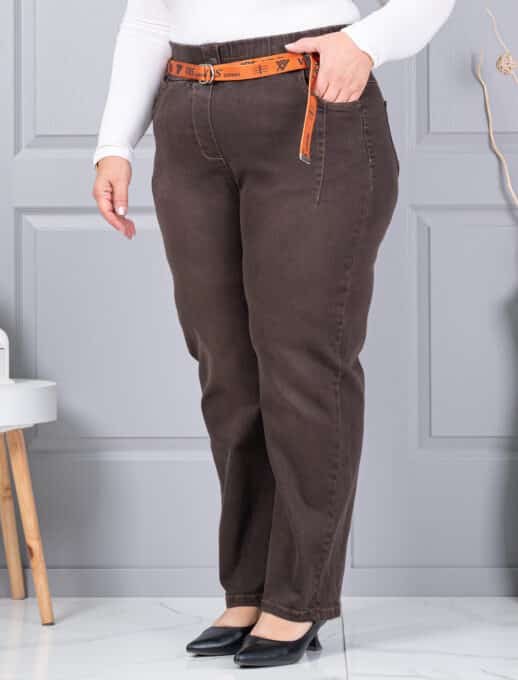 Plus size τζιν παντελόνι με ζώνη-καφέ-κωδ 6064-2