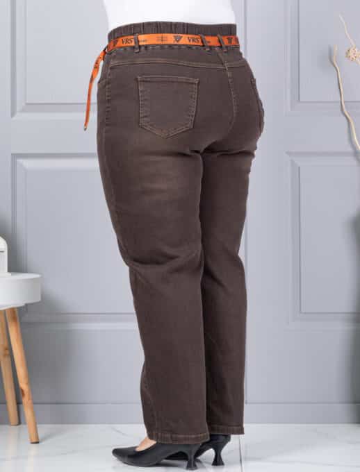 Plus size τζιν παντελόνι με ζώνη-καφέ-κωδ 6064-2