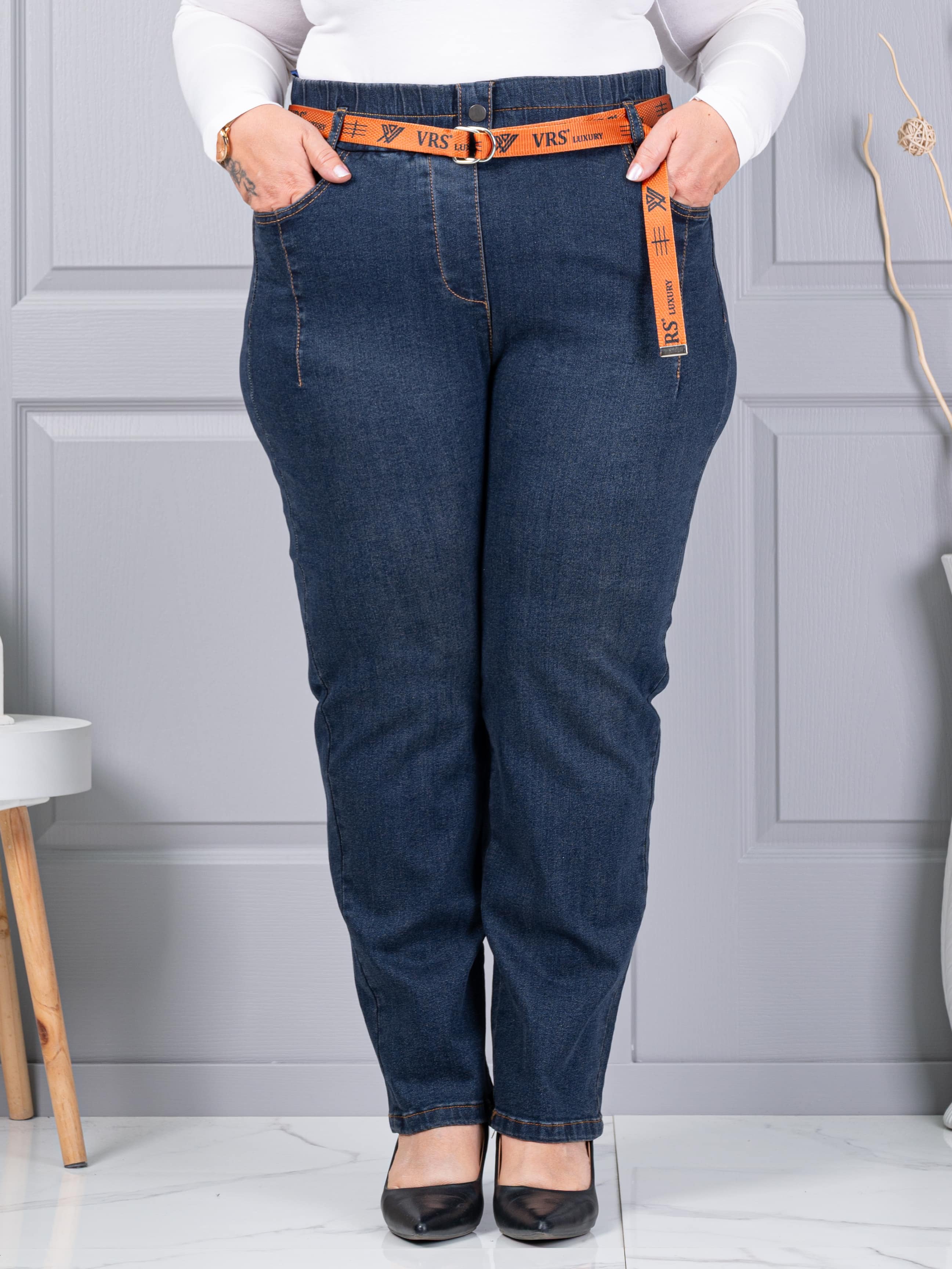 Plus size τζιν παντελόνι με ζώνη-vintage μπλε-κωδ 6064-3