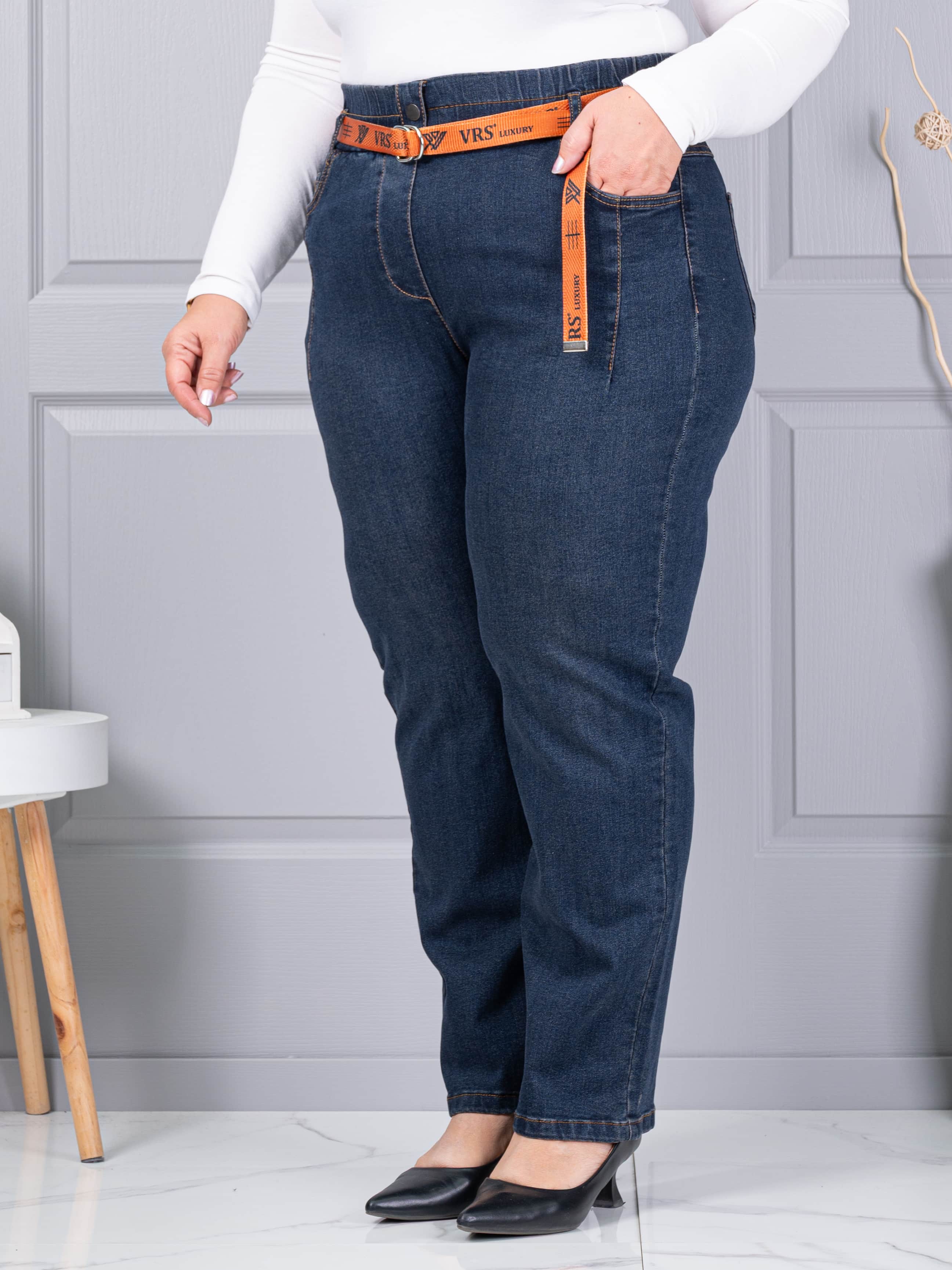 Plus size τζιν παντελόνι με ζώνη-vintage μπλε-κωδ 6064-3