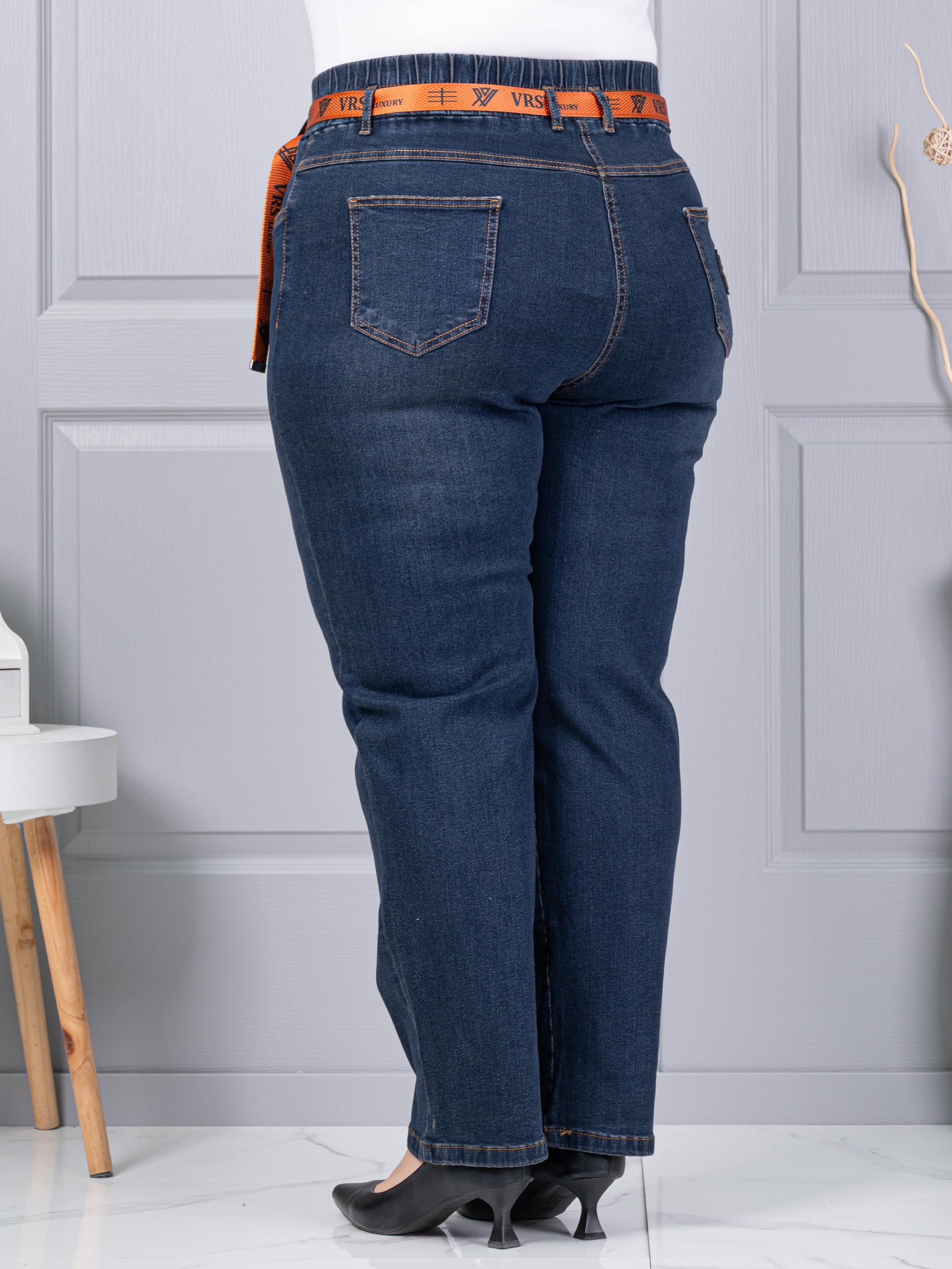 Plus size τζιν παντελόνι με ζώνη-vintage μπλε-κωδ 6064-3