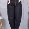 Plus size τζιν παντελόνι με σατέν ζώνη-μαύρο-κωδ 6040