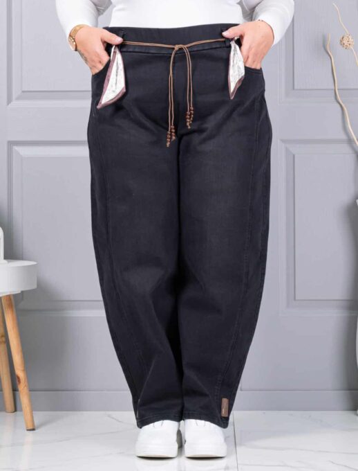 Plus size τζιν παντελόνι με σατέν ζώνη-μαύρο-κωδ 6040