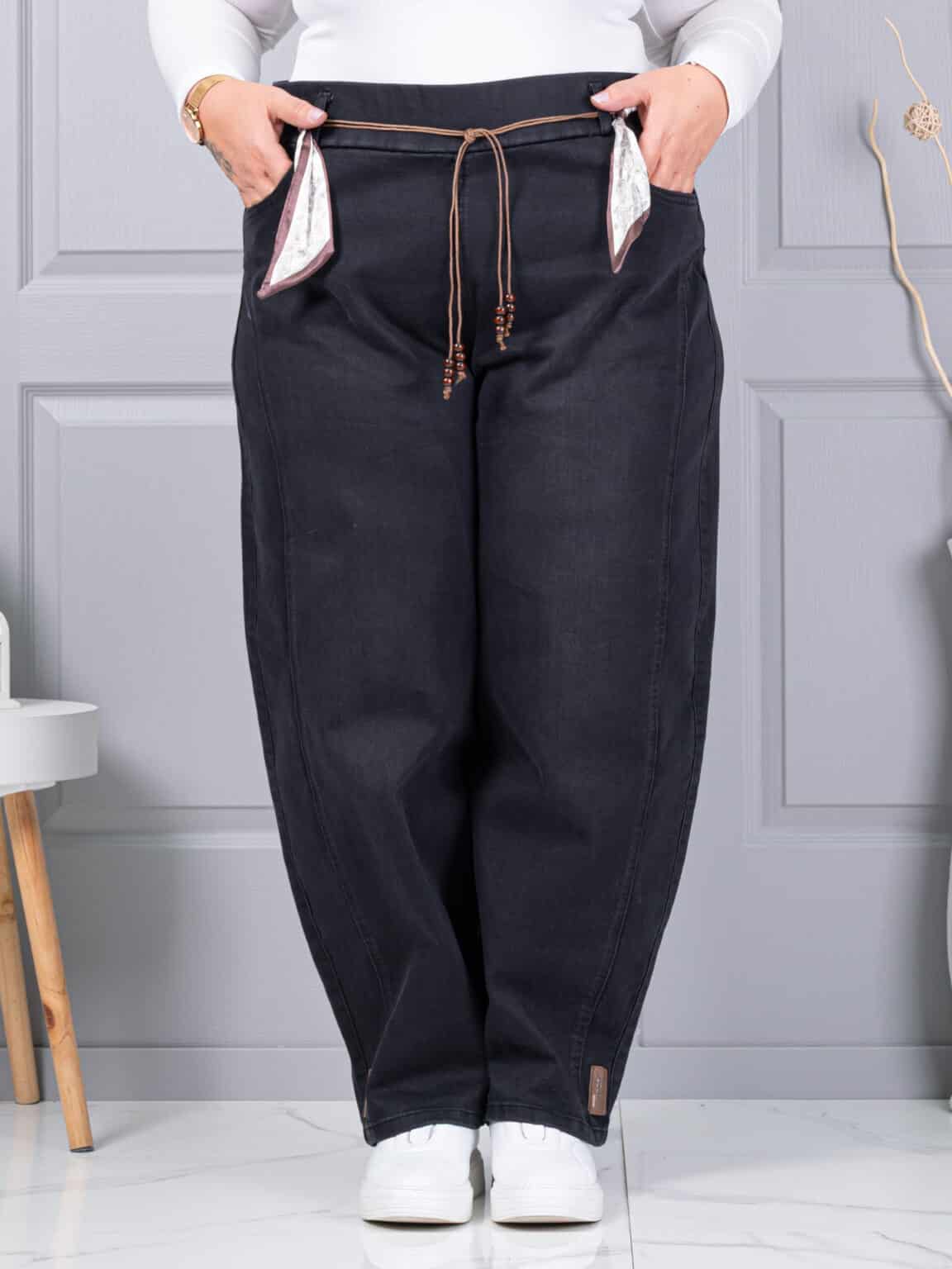 Plus size τζιν παντελόνι με σατέν ζώνη-μαύρο-κωδ 6040