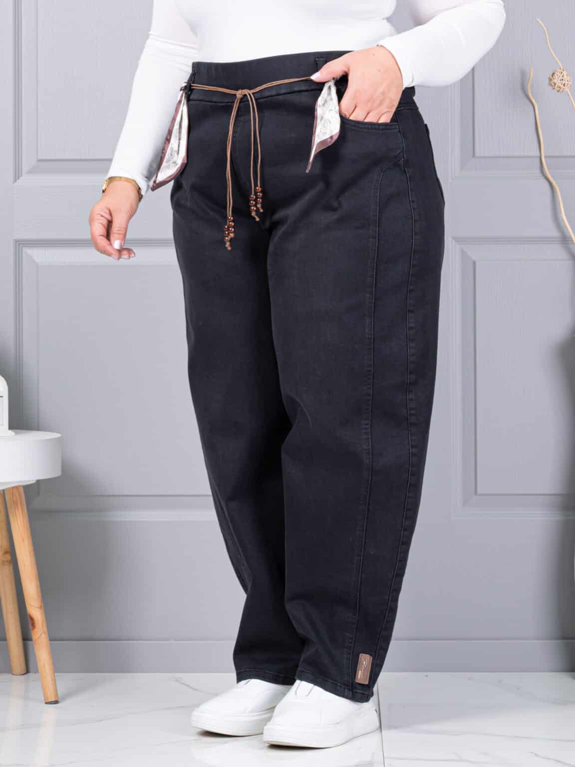 Plus size τζιν παντελόνι με σατέν ζώνη-μαύρο-κωδ 6040
