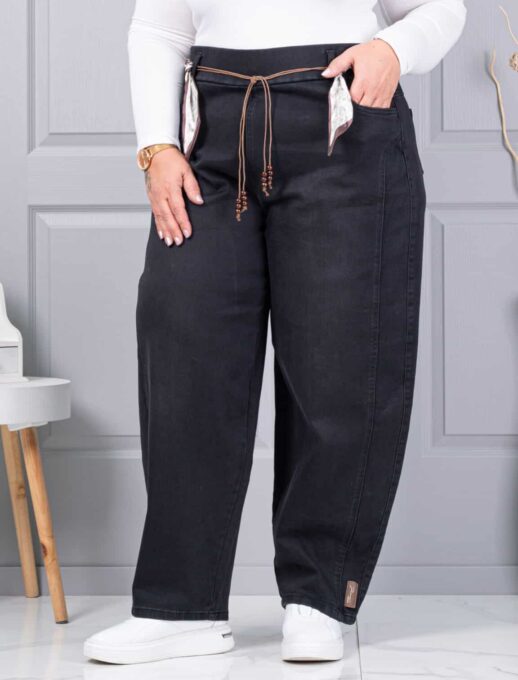 Plus size τζιν παντελόνι με σατέν ζώνη-μαύρο-κωδ 6040