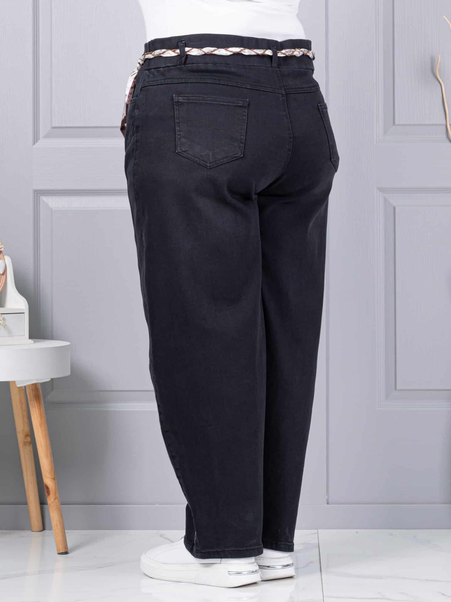 Plus size τζιν παντελόνι με σατέν ζώνη-μαύρο-κωδ 6040