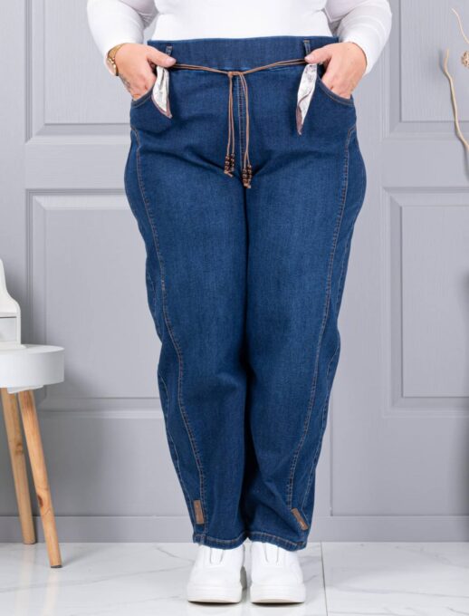 Plus size τζιν παντελόνι με σατέν ζώνη-μπλε-κωδ 6040-1
