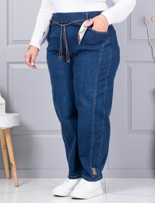 Plus size τζιν παντελόνι με σατέν ζώνη-μπλε-κωδ 6040-1