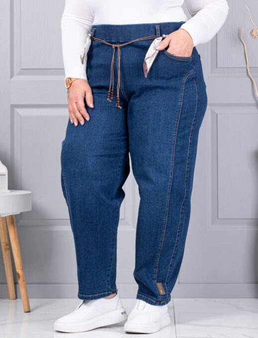 Plus size τζιν παντελόνι με σατέν ζώνη-μπλε-κωδ 6040-1