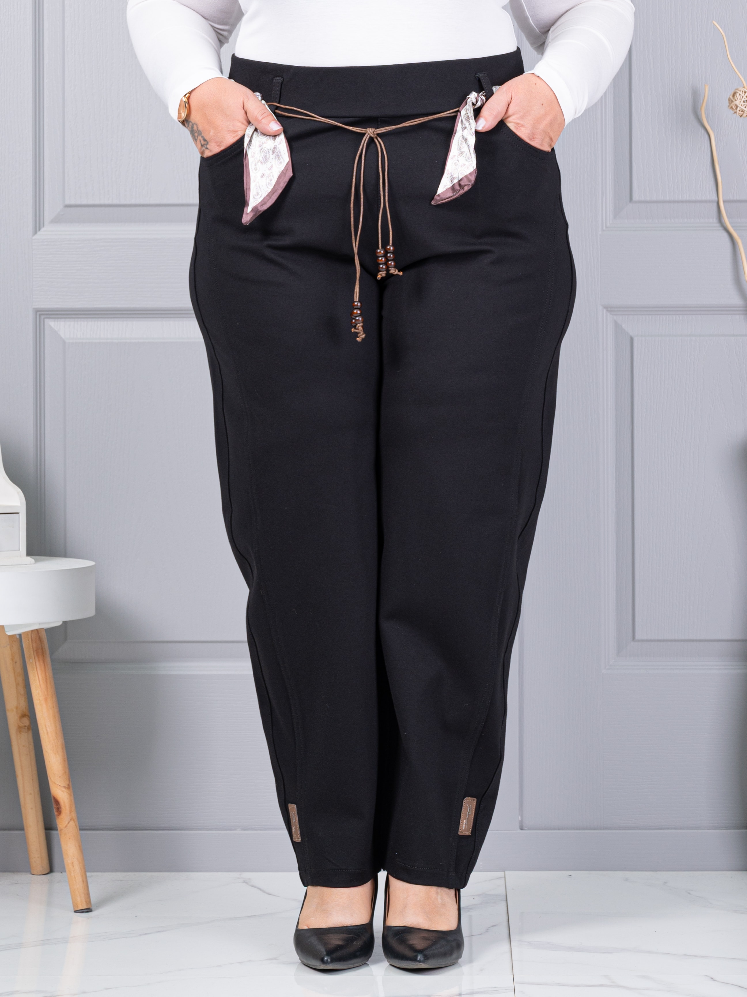 Plus size παντελόνι με σατέν ζώνη-μαύρο-κωδ 6046