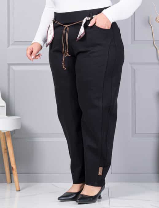 Plus size παντελόνι με σατέν ζώνη-μαύρο-κωδ 6046