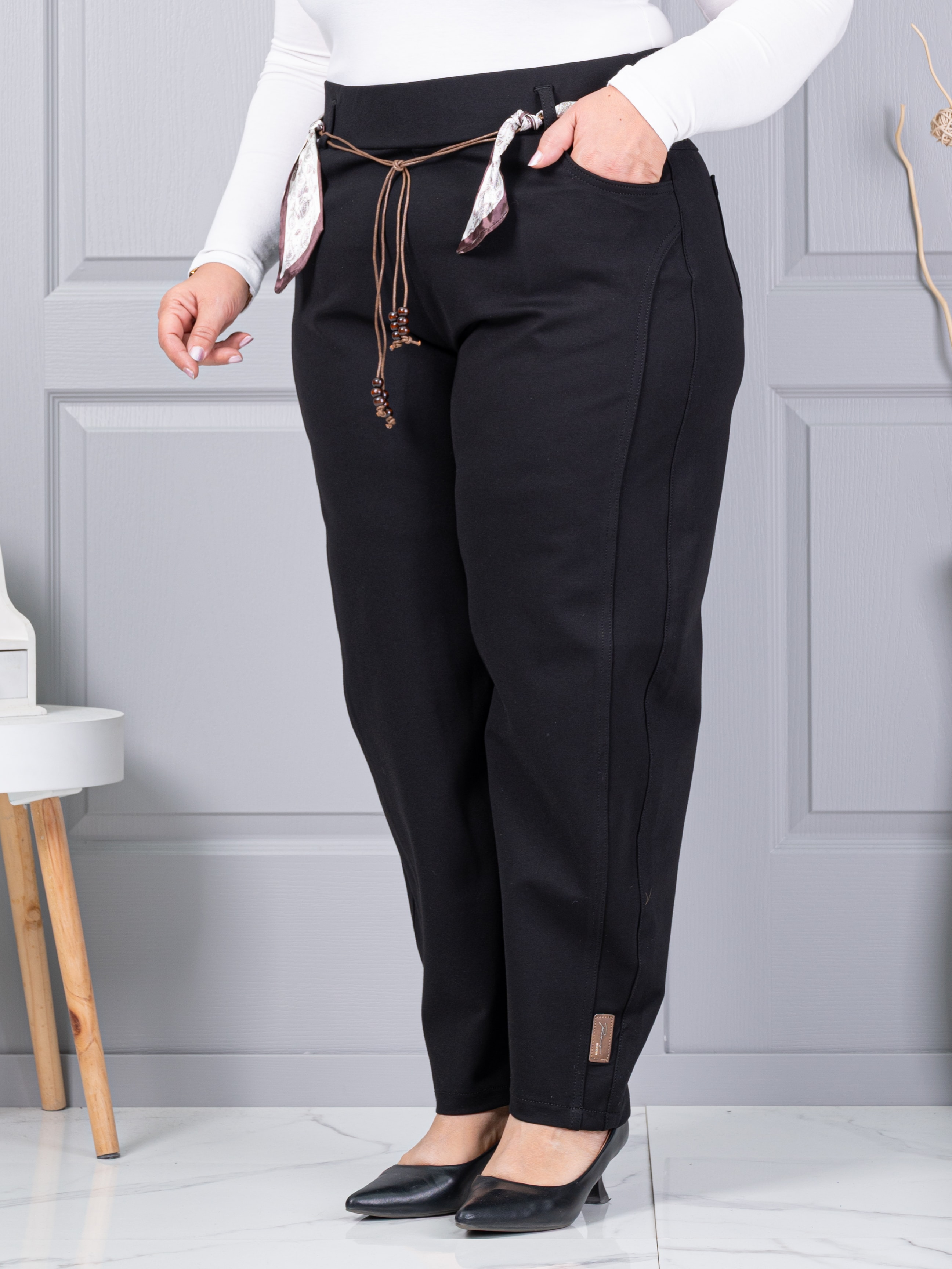 Plus size παντελόνι με σατέν ζώνη-μαύρο-κωδ 6046
