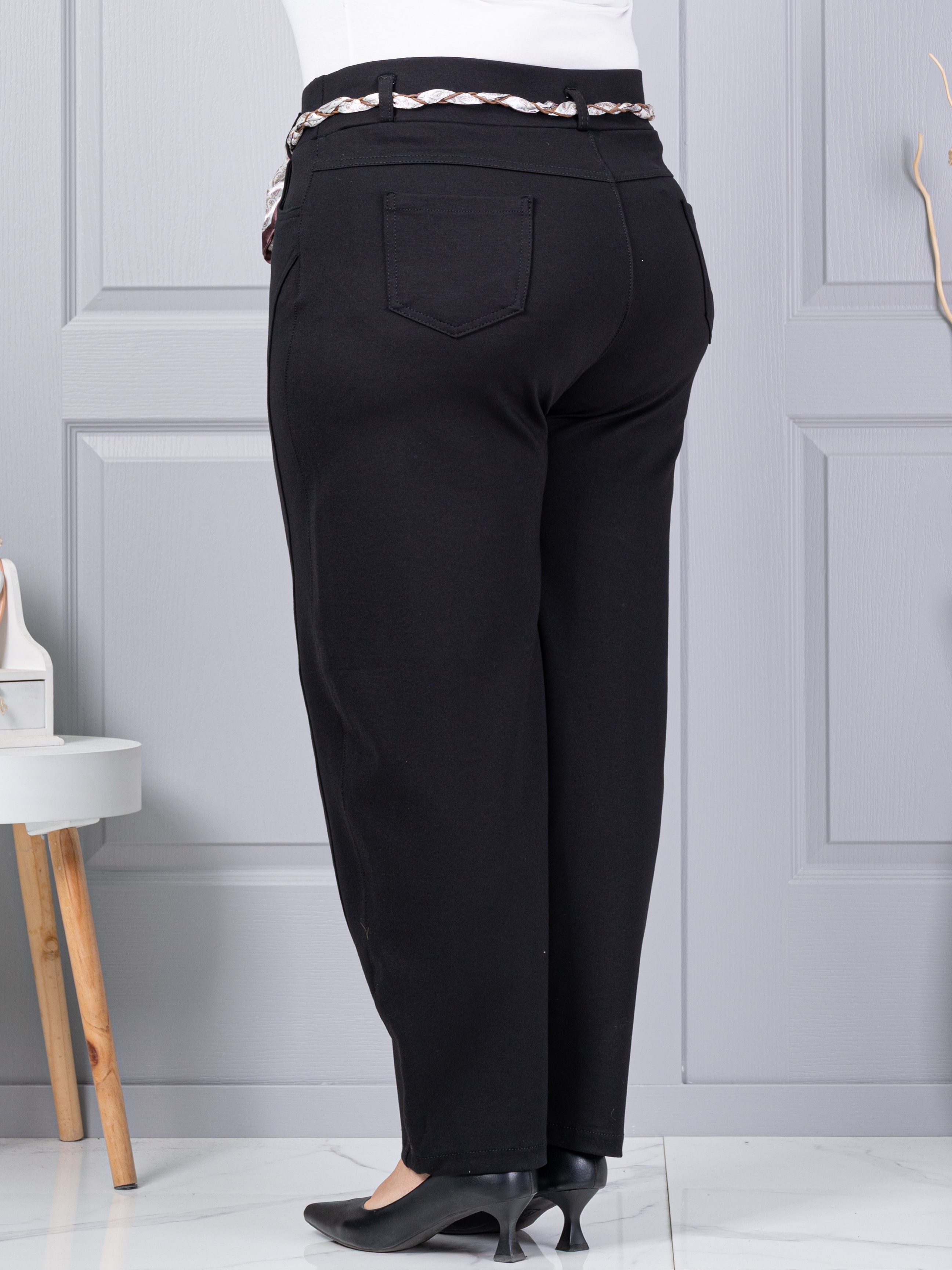 Plus size παντελόνι με σατέν ζώνη-μαύρο-κωδ 6046