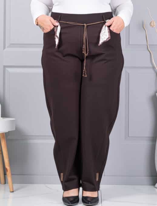 Plus size παντελόνι με σατέν ζώνη-καφέ-κωδ 6046-1